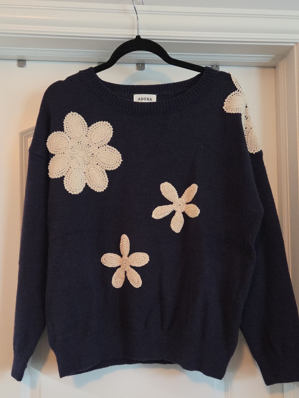 NWOT ADORA NAVY BLUE SWEATER Cream Embroidered Appliques Large - Picture 2 of 8